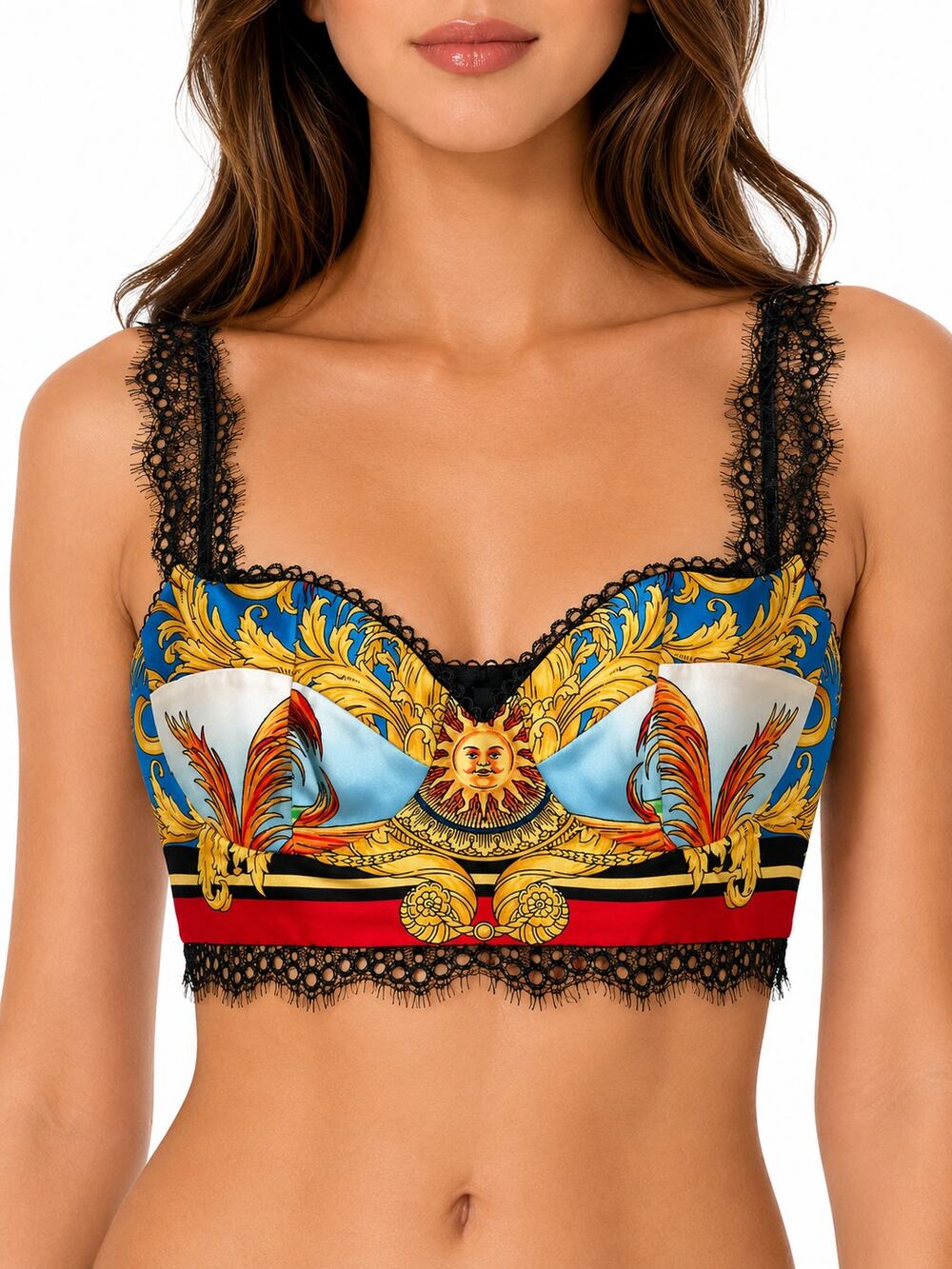 Versace Barocco Soleil Lace Bralette Top IT42 Black Silk Satin Medusa